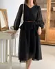 Talla actualizada Corea Cuello francés temperamento ligeramente transparente vestido de gasa con cinturón blanco talla única para todos