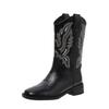 Novas Botas de Motociclista Cavaleiro com Manga Bordada Retrô Cano Médio Bico Quadrado Botas de Montaria Versátil Botas Western Cowboy Boca em V