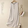 Foto Real de Vestido de Verão Cor Sólida Design Retrô de Nicho Combinação de Cores Gola Redonda Sem Mangas Vestido Colete Feminino de Algodão e Linho