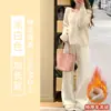 Pantalones Rectos de Pierna Ancha para Mujer Petite en Otoño e Invierno, de Felpa Suave Engrosada con Forro, Imitación Cachemir, Color Blanco Crudo