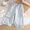 Macacão bordado estilo cartoon fofo para meninas, estilo coreano, calça comprida fashion e versátil, novas calças casuais de primavera e outono para bebês meninas