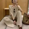 Conjunto de Tricô Fashionável Estilo Coreano para Mulheres, Estação Europeia 2026 Novo de Primavera Conjunto de Duas Peças com Moletom de Manga Longa Decote V e Calça de Pernas Largas