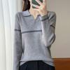 25 Años Principios de Otoño Nuevo Andy Terciopelo Solapa Tejido de Punto Manga Larga Mujer Bloques de Color Rayas Elegante Suéter Camisa Base Top