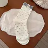 Meias Pejo color block, com babados, poá, de comprimento médio até a panturrilha com apliques de cachorro de desenho animado, meias soquete, meias femininas sem costura estilo coreano para outono/inverno