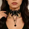 Colar Cruzado de Renda Europeu e Americano Feminino de Alta Qualidade Nicho Estilo Gótico Escuro Pingente de Franja Corrente Clavícula Preto Vazado