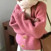 Estilo coreano Primavera e Outono novo simples versátil suéter cor sólida feminino solto para usar por cima estilo gentil macio glutinoso cardigã de tricô casaco