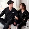 Em estoque Primavera e Outono Casal Pijamas de Algodão Cardigan Lapela Terno de Manga Longa Mulheres Dos Desenhos Animados Doce Roupas Masculinas