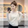 Top base de punto abierto estilo francés, suave, cuello redondo, para mujer, perfecto para principios de otoño, de manga larga, versátil para primavera y otoño