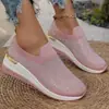 2025 Comércio Exterior Transfronteiriço Bico Redondo Sapatilhas Salto Anabela Strass Casual Primavera Verão Malha Fly Nova Sapatilha Casual Feminino Tamanho Grande