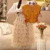Traje de Verano para Niñas 2025 Nuevo Llegado de Verano Moda Infantil CUHK Top de Cuello Redondo Manga Corta Falda de Malla Moderna