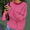 2026 Nueva Camiseta de Manga Larga Rayada para Mujer de Amazon, Holgada, Cuello Redondo, Bloque de Color, Capa Base, Primavera Otoño, Top Casual