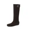Botas casuais de camurça de cano alto com salto plataforma 2026, com aumento interno de altura, salto baixo, bico redondo, fivela de cinto, botas longas de couro genuíno para mulheres, tamanho 41