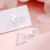 Pendientes Asimétricos de Estrella y Luna 100% Plata S999, Diseño de Nicho, Plata Pura con Diamantes, Aspecto de Alta Gama, No es Necesario Quitárselos al Dormir