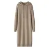 Vestido com Capuz Tricotado de Cashmere Puro Liso de 7 Fios com Ombro Raglã Novo Elegante Pulôver Engrossado Saia Reta para Mulheres