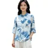 Top tie-dye para comercio transfronterizo, camisa de seda y lino tie-dye bordada de manga media con cuello camisero, cuello redondo, corte holgado, top estilizado y que estiliza