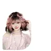 Peluca Chuyu para Mujer Amor Siamese Lolita Lana Rizada Negro-Rosa Degradado Resaltado Cabello Corto Rizado Peluca Completa Realista