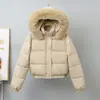 Capuz removível com gola grande de pelo, forrado de fleece, curto, para mulheres petite, jaqueta, jaqueta puffer, feminina, novo estilo de inverno deste ano, casaco de algodão, jaqueta de algodão, jaqueta acolchoada de algodão