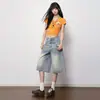 Jeans Naranja Infantil de Doble Cintura de Alta Gama de Pierna Ancha para Mujer, Corte Holgado, Adelgazantes, Lavados, Modernos, Versátiles, de Pierna Recta, Pantalones Cortos.