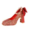 9983-H78Tp Cadena de Perlas con Lazo Francés Zapatos de Tacón Alto de Una Línea Punta Cuadrada Plataforma Impermeable Tacón Grueso Zapatos de Lentejuelas