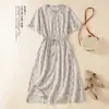 Foto Real de Vestido Corto de Algodón y Lino Talla Grande Nuevo 2026 para Mujer con Cuello Fruncido, Estilo Retro Artístico para Primavera y Verano