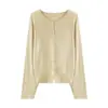 Cárdigan de punto sin costuras de lana de cachemira de una pieza color verde claro para mujer, prenda interior de otoño e invierno, suéter corto de cuello redondo, chaqueta pequeña