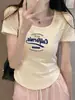 Camiseta de manga curta 92% algodão 8% elastano para mulheres, esconde a barriga, doce, modeladora, aumenta a altura, estampa de espinha de peixe, estilo ins, cropped