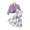 Bolero de punto con borde de oreja de madera morada para bebé niña + Vestido sin mangas con estampado floral y lazo + Conjunto de dos piezas Clase A para otoño