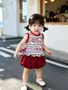 Conjunto de Saia Floral Super Fofo de Verão para Meninas, Conjunto de Duas Peças Adorável de Colete Sem Manga Listrado de Gatinho para Bebês no Verão