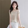 Tejido de Punto Calado de Color Sólido Camiseta de Manga Corta para Mujer Top Delgado Sexy Verano Nuevo Cuello Redondo Manga Media Jersey Blusa