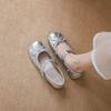 Zapatos Mary Jane Plateados Pequeños 2025 con Falda, Boca Baja, Punta Redonda, Moño, Estilo Ballet, Tacón Grueso Francés para Mujer
