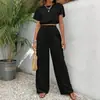 Conjunto de dos piezas de moda y elegante para mujer, camiseta lisa de cuello redondo y pantalones rectos ajustados a la cintura, nuevo estilo de comercio exterior transfronterizo europeo y americano 2026