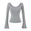 Playera de Tencel con Cuello U, Espalda Descubierta y Manga Larga Acampanada para Mujer 2025 Otoño Diseño Sexy Look Adelgazante Camiseta Básica