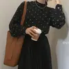 Chic Coreano Retro Francés Lunares Blanco y Negro Cuello Alto Medio Holgado Mangas Abullonadas Camisa Base Top para Mujer