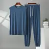 Conjunto de dos piezas para hombre de talla grande: Camiseta sin mangas deportiva casual holgada de cuello redondo de modal y pantalones jogger