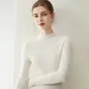 Suéter de malha de cashmere de alta qualidade para mulheres, gola semimang alta, corte justo, top de segunda pele com visual sofisticado