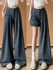 Traje de mujer gris oscuro, pantalones de pierna ancha, nuevo estilo coreano de otoño, de cintura alta, holgados, adelgazantes, con caída, plisados, pantalones casuales de pierna recta