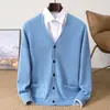Nuevo cárdigan de lana 100% pura para hombre para otoño e invierno, suéter grueso con cuello en V, chaqueta de punto casual de moda, tejido de estilo coreano