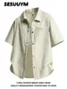 Fabricante Transfronteiriço Camisas Masculinas Verão Estilo Fino Gola Reversível Camisa Xadrez Bolha Tendência Casual Solta Manga Curta para Homens