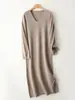 Otoño e Invierno Cuello en V Vestido Tejido de Lana Pura 100% para Mujer Suelto Largo hasta la Rodilla Vestido Suéter Bajo Cachemira Falda Larga