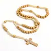 [En Stock] Collar de Cuentas de Oración de Madera con Cruz, 5 Colores Disponibles, Trenzado de Nudo Plano, Joyería Transfronteriza al por Mayor