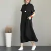 Transfronterizo Nuevo Estilo Japonés Color Sólido Algodón y Lino Lel Manga Corta Holgado Bolsillo Casual para Mujer Vestido Mujer
