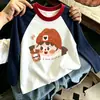 Camiseta infantil de manga comprida com estampa de desenho animado em algodão, gola redonda, estilo coreano, color-blocking, marca moderna, novo top versátil fofo para primavera/outono