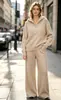 Suéter tejido ruso de punto cruzado europeo y americano para mujer, suéter con capucha y cremallera de otoño e invierno + pantalones holgados de pierna ancha, conjunto casual de dos piezas
