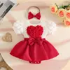 Comércio Exterior Doce Menina Estéreo Coração Manga Bufante Vestido com Fechamento Inferior Manga Curta Verão Laço Macacão