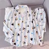 Pijama feminino estilo Ins para primavera e outono, estilo fino de algodão nuvem 2026, conjunto de roupa de casa com estampa de desenho animado doce, manga longa e calça comprida