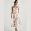 Roupas Femininas Estilo Europeu e Americano, Vestido de Suspensório com Estampa Floral Francesa, Cintura com Laço de Espinha de Peixe, Vestido com Fenda, Elegante e Gracioso