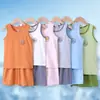 Conjunto de Camisetas Infantis, Pijama de Verão Sem Mangas 100% Algodão para Meninos, Coletes e Shorts Estudantis Infantis Tamanhos Médio e Grande, Roupas de Casa para Meninas