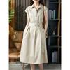 2026 Nuevo Estilo de Verano Estilo Francés Estilo Coreano Color Sólido Camisa Vestido Adelgazante de Cintura Vestido de Algodón de Longitud Media para Mujer