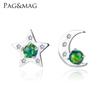PAG & MAG Aretes de Tuerca de Plata S925 con Ópalo Aobao Japón y Corea del Sur Moda Fresca Pequeña Luna Estrella Joyería para la Oreja