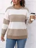 Ropa de talla grande para mujer de comercio exterior europeo y americano transfronterizo, tops de suéter para mujer, prendas de punto de moda a rayas y bloques de color casuales para otoño e invierno para mujeres